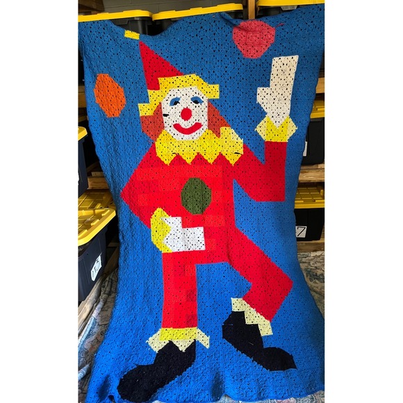 Handmade Other - Vintage Handmade Crochet Clown Blanket Afghan Juggling Circus Theme Blue Red 70s